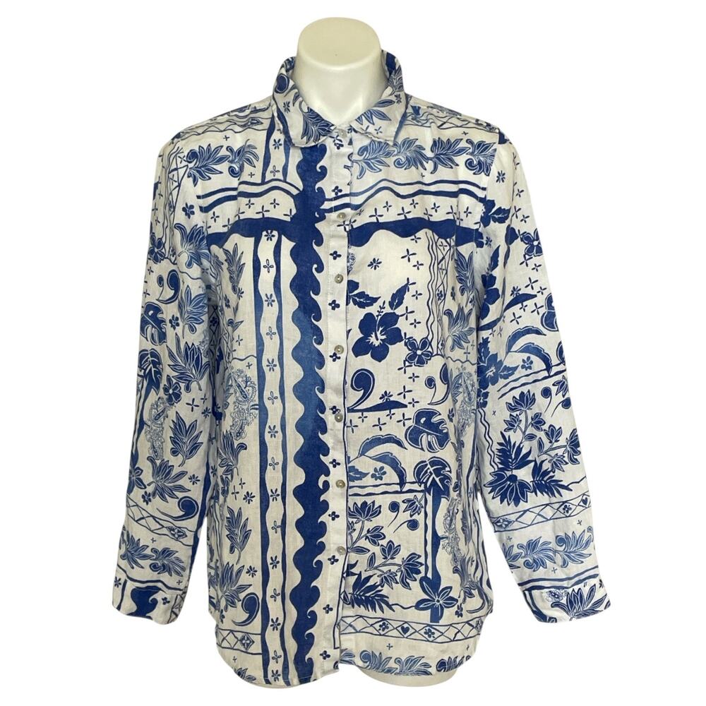 Joie Womens Linen Shirt Size L Blue White Floral Tropical Coastal Resort Wear